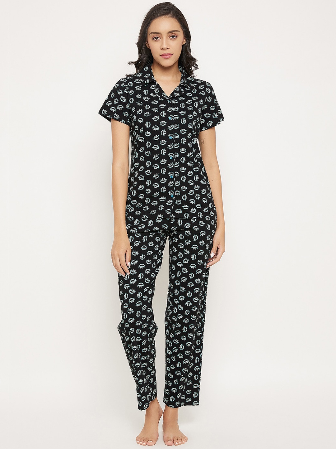 

Clovia Women Cotton Printed Shirt & Pyjama Set, Black