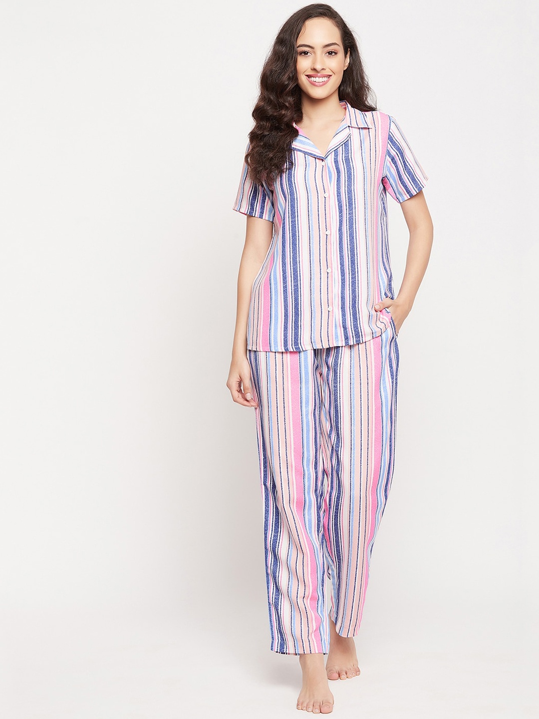 

Clovia Women Pink & Blue Striped Night suit
