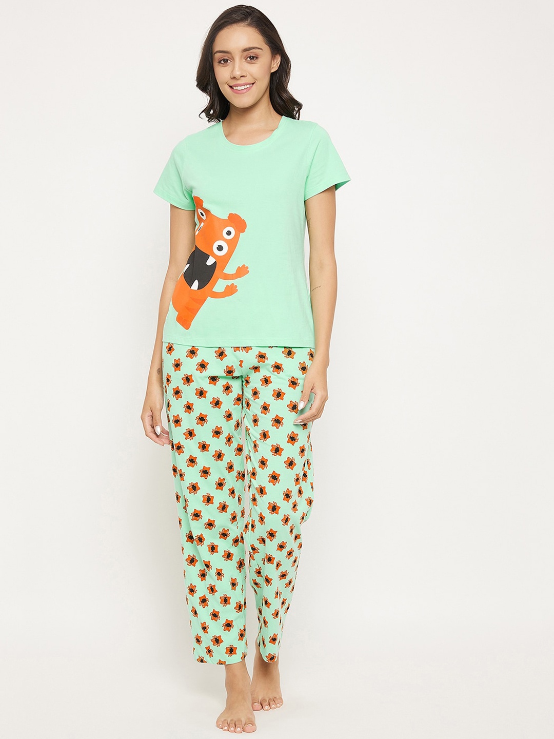 

Clovia Women Monster Printed Pure Cotton Printed Night Suit, Green