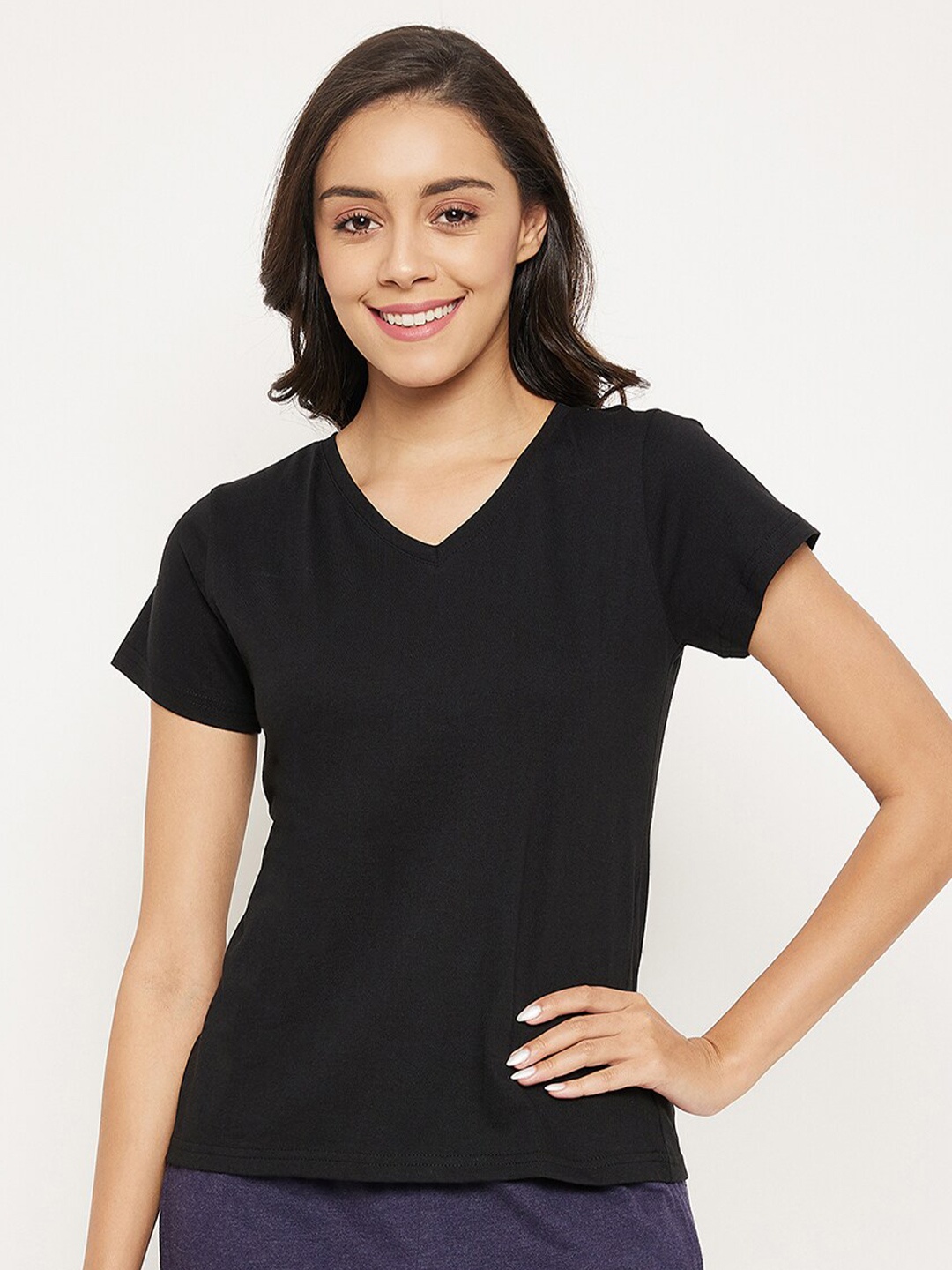 

Clovia Women Black V-Neck Raw Edge T-shirt