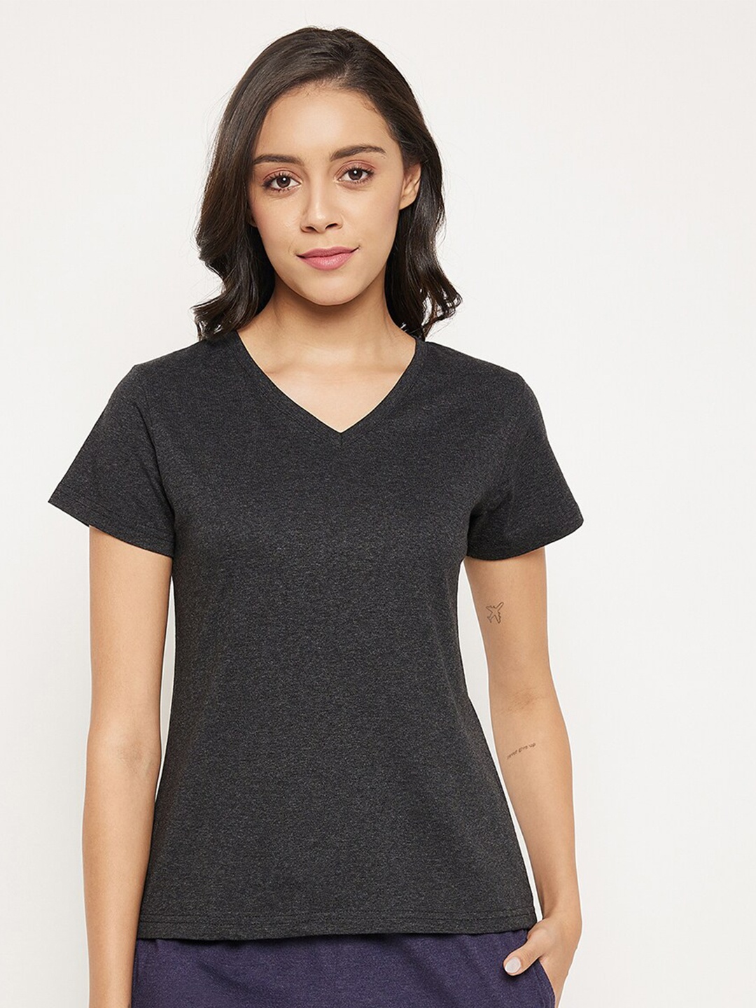 

Clovia Women Grey V-Neck Pure Cotton T-shirt