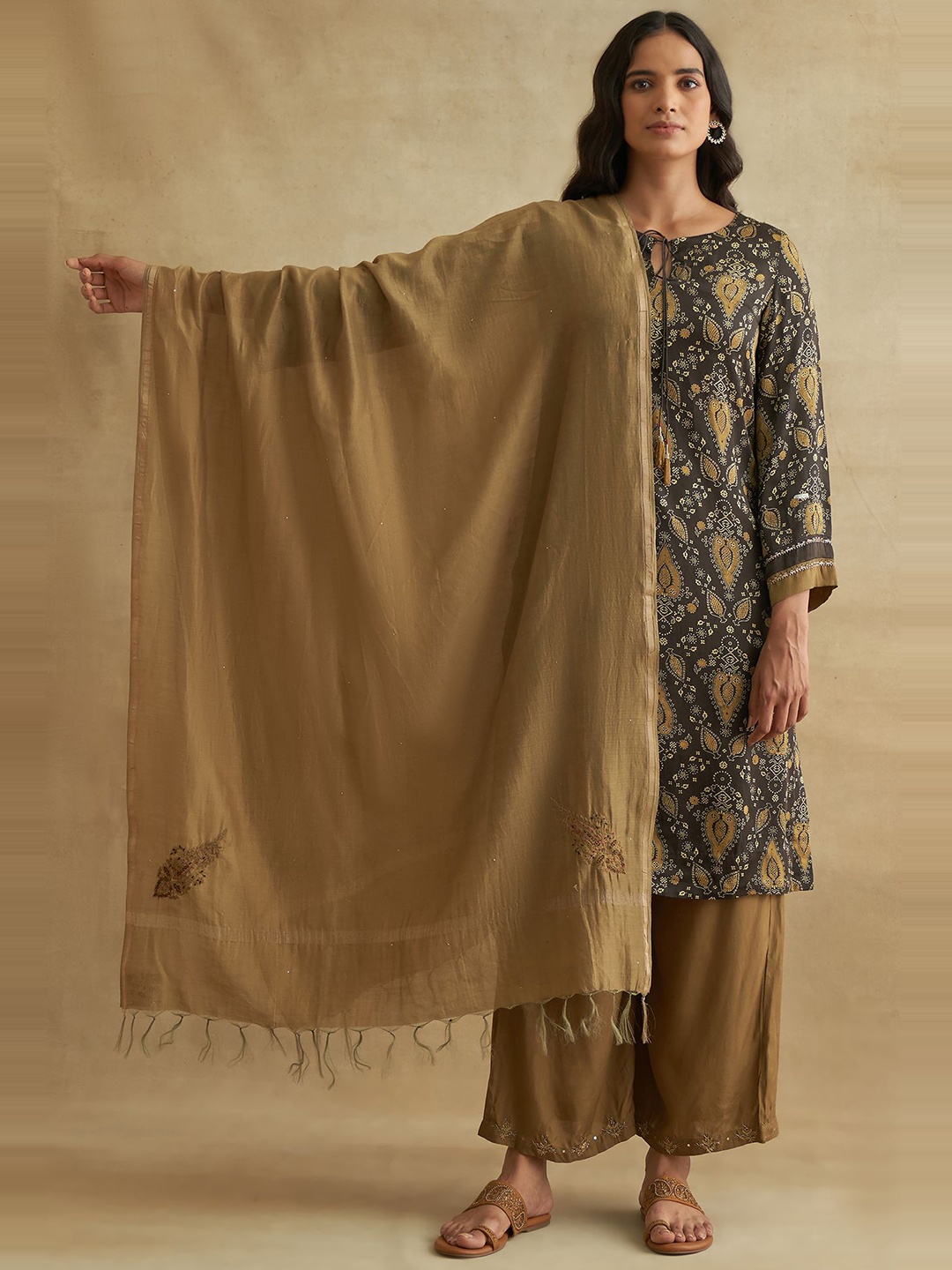 

W The Folksong Collection Beige & Gold-Toned Ethnic Motifs Embroidered Dupatta