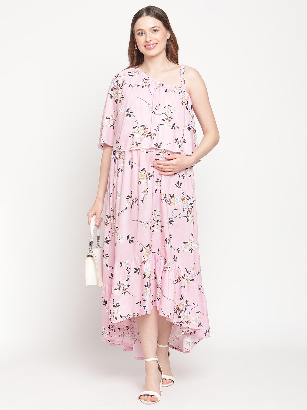 

Moms Maternity Peach-Coloured & White Floral Maternity Maxi Dress