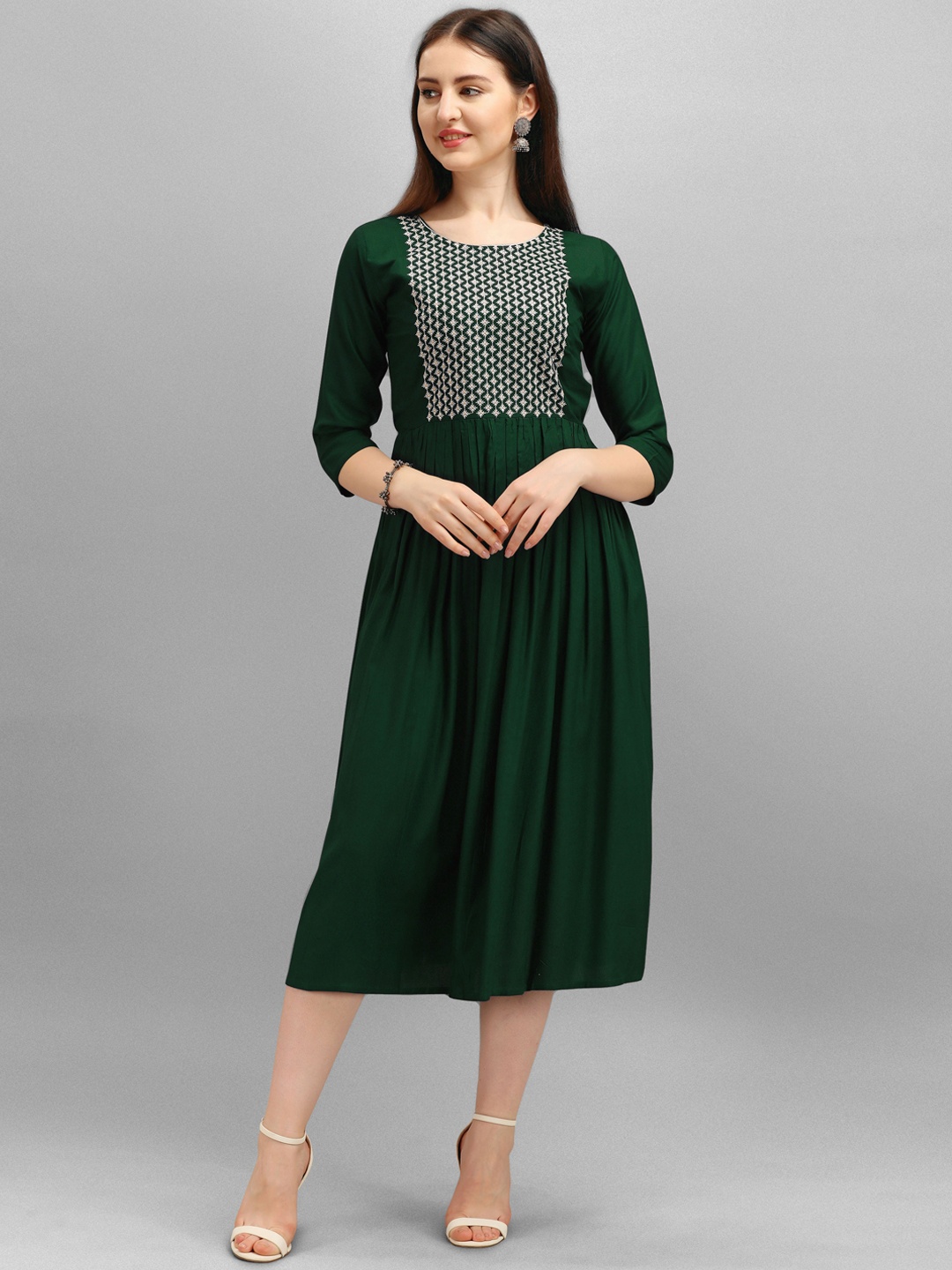 FabFairy Women Green Geometric Yoke Design Embroidered Anarkali Kurta