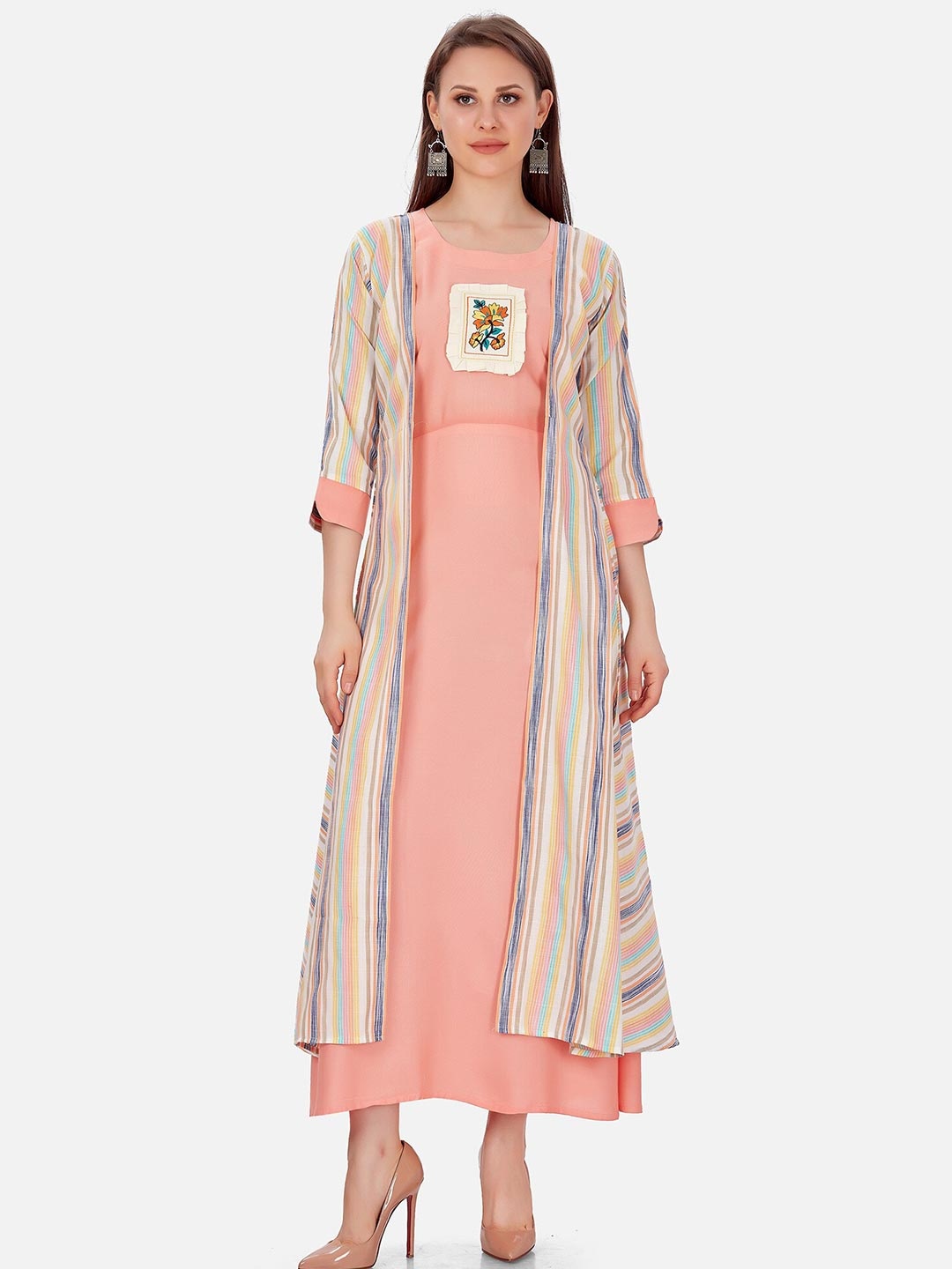 

Kiana Peach-Coloured Maxi Dress With Separate Stripped Shrug
