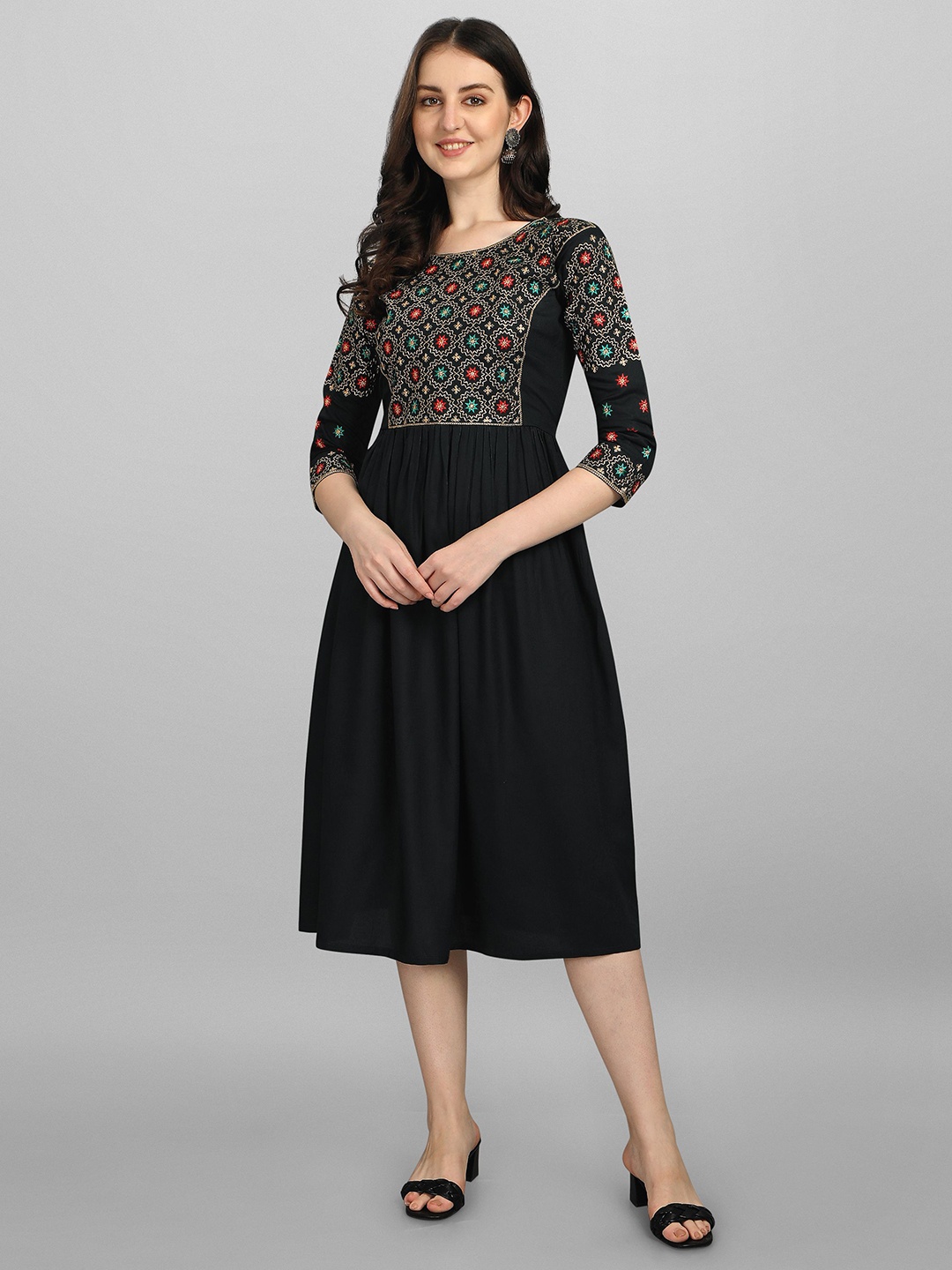

FabFairy Women Black Geometric Yoke Design Thread Work Anarkali Kurta
