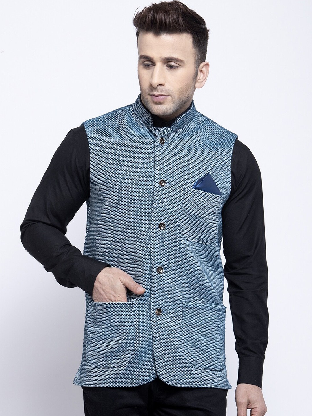 

KLOTTHE Men Blue Woven Design Nehru Jacket