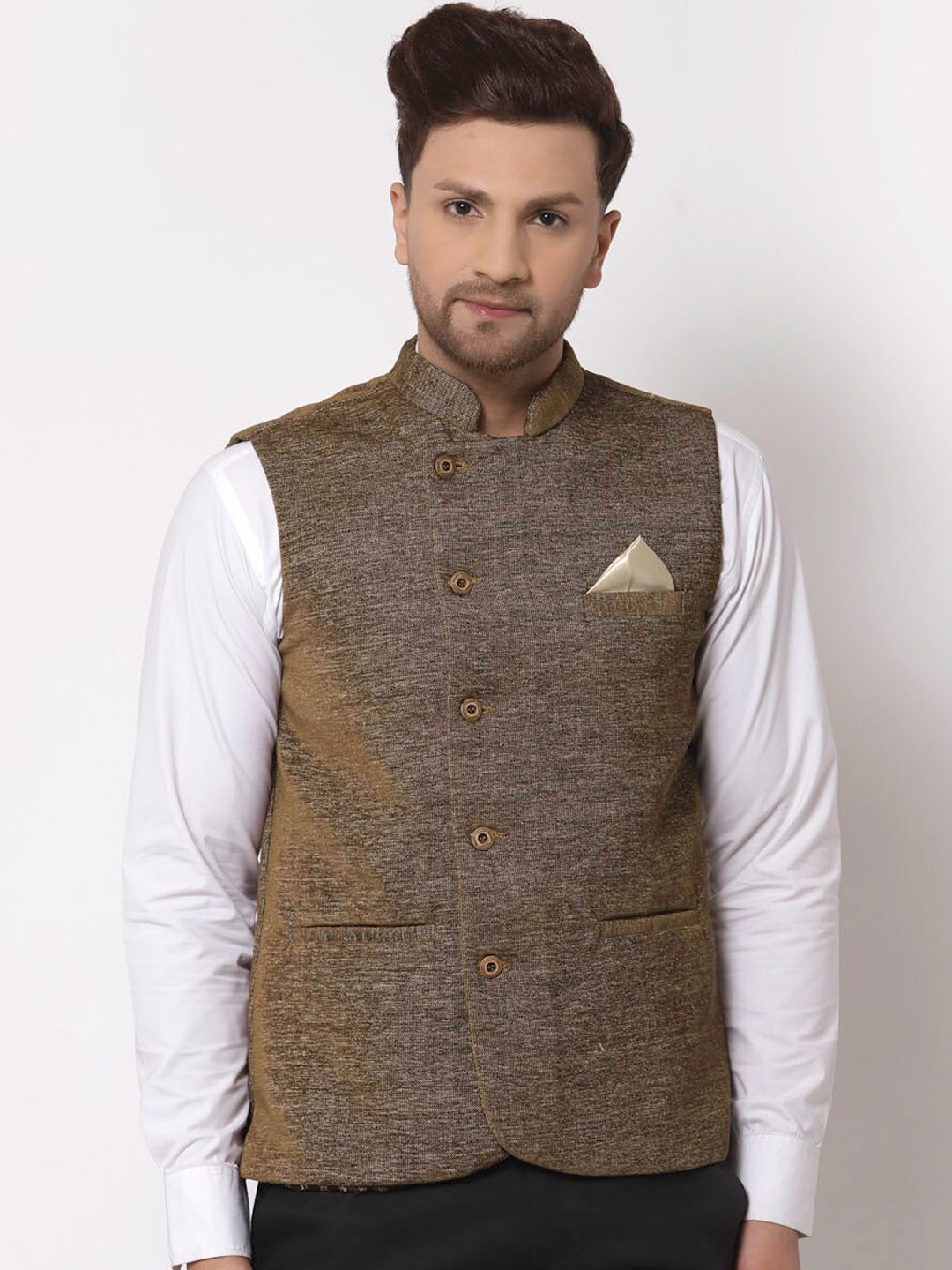 

KLOTTHE Men Brown Woven Design Nehru Jackets