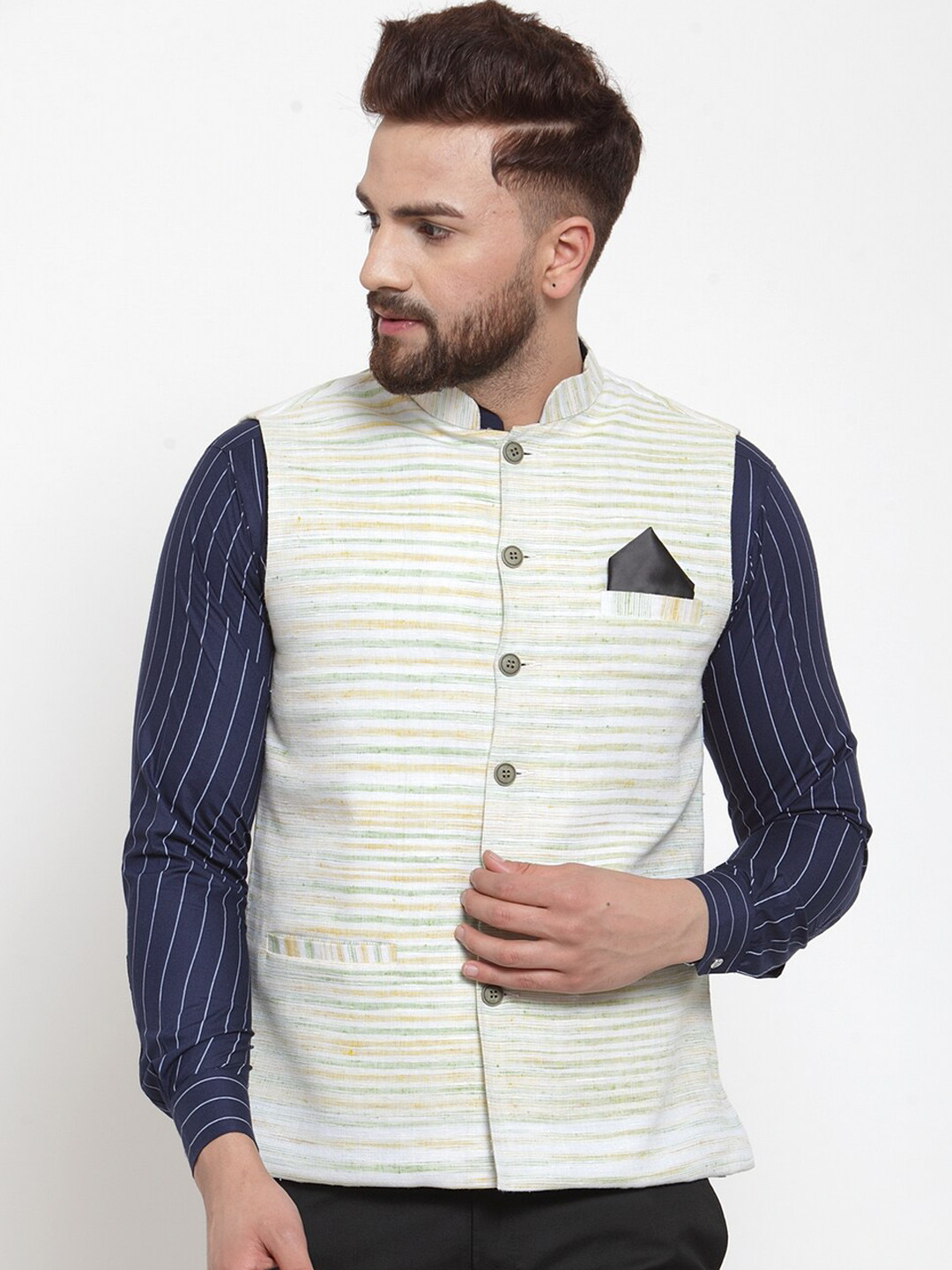 

KLOTTHE Men White Striped Pure Cotton Nehru Jacket