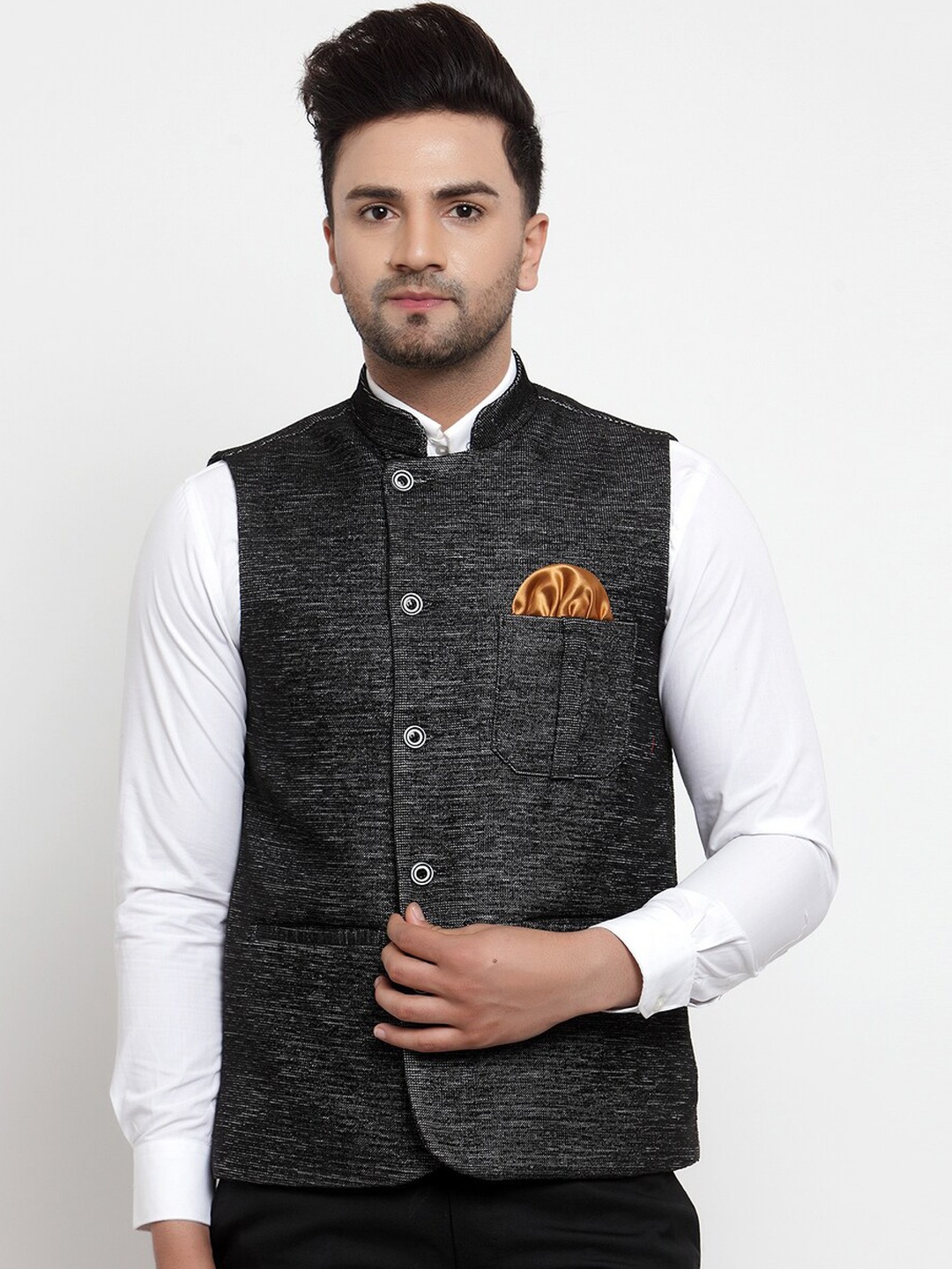 

KLOTTHE Men Black Woven Design Nehru Jackets