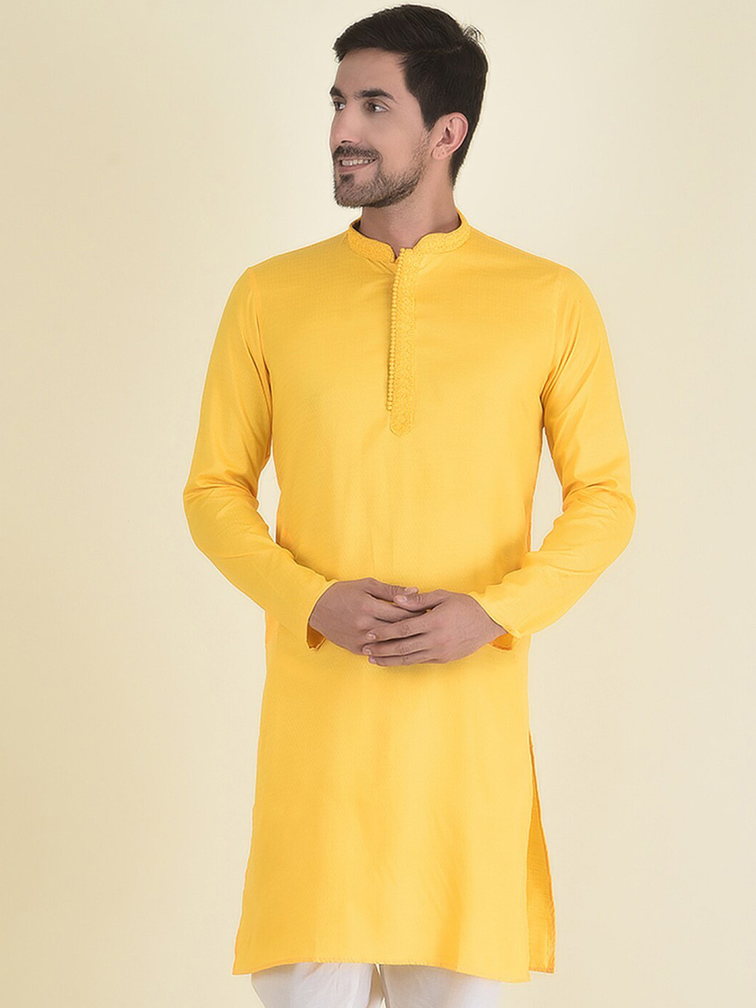 

DEYANN Men Yellow Yoke Design Kurta with Pyjamas