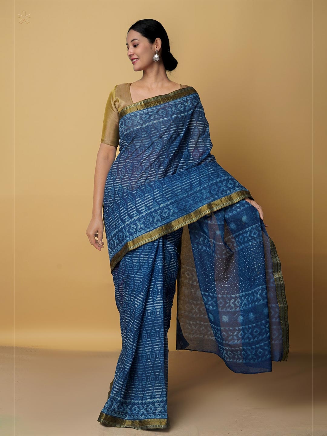 

Unnati Silks Navy Blue & Gold-Toned Ethnic Motifs Zari Pure Cotton Venkatgiri Saree