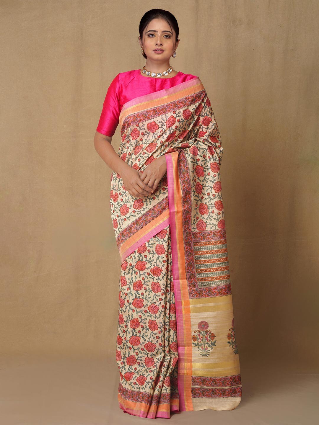 

Unnati Silks Beige & Pink Ethnic Motifs Zari Silk Blend Tussar Saree