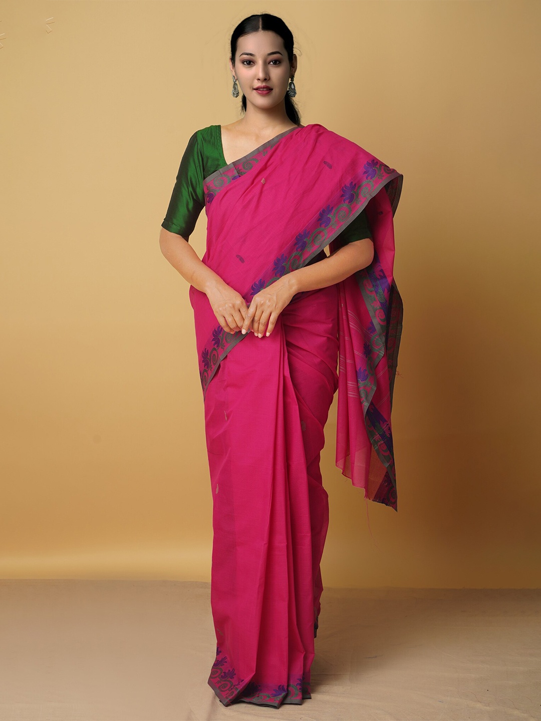 

Unnati Silks Pink & Blue Floral Pure Cotton Venkatgiri Saree