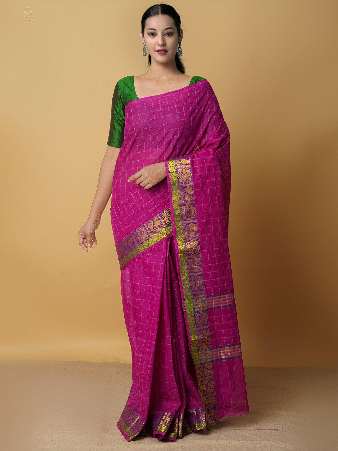 

Unnati Silks Women Purple & Green Woven Design Zari Pure Cotton Saree