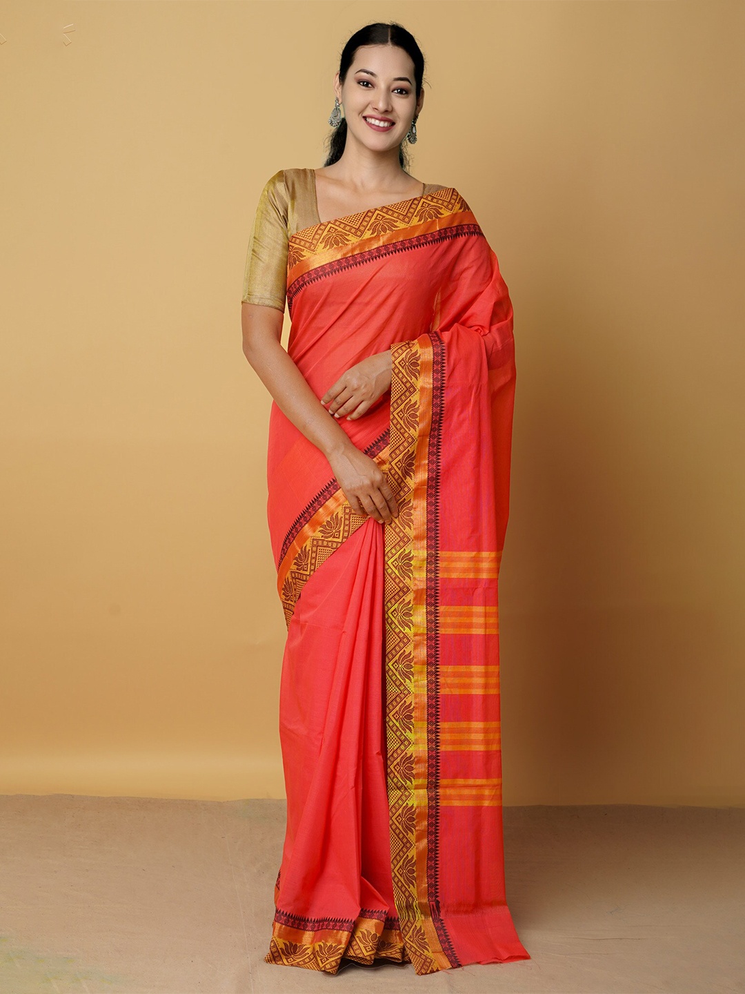 

Unnati Silks Maroon & Yellow Woven Design Zari Pure Cotton Venkatgiri Saree