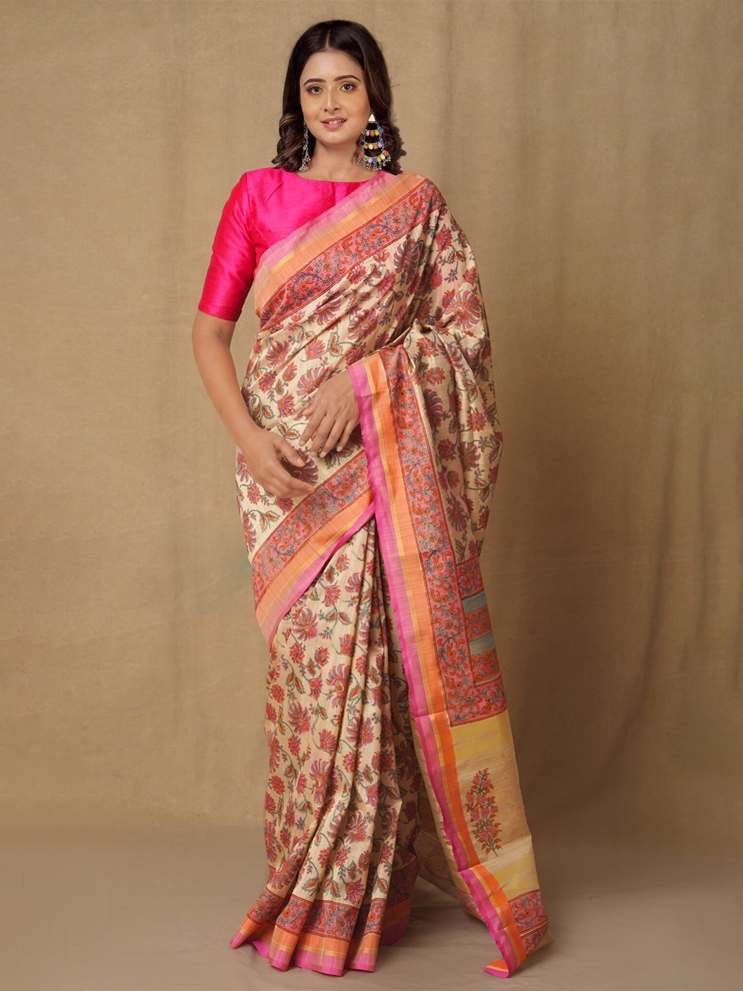 

Unnati Silks Brown & Pink Floral Zari Silk Blend Tussar Saree