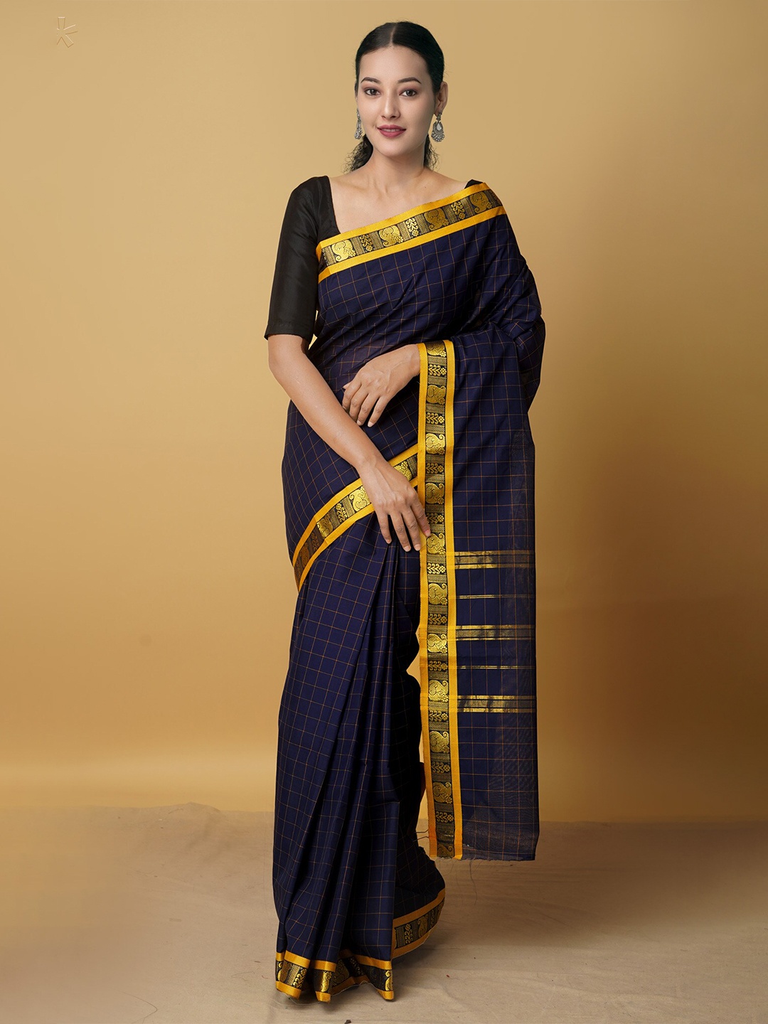 

Unnati Silks Blue & Yellow Checked Zari Pure Cotton Venkatgiri Saree