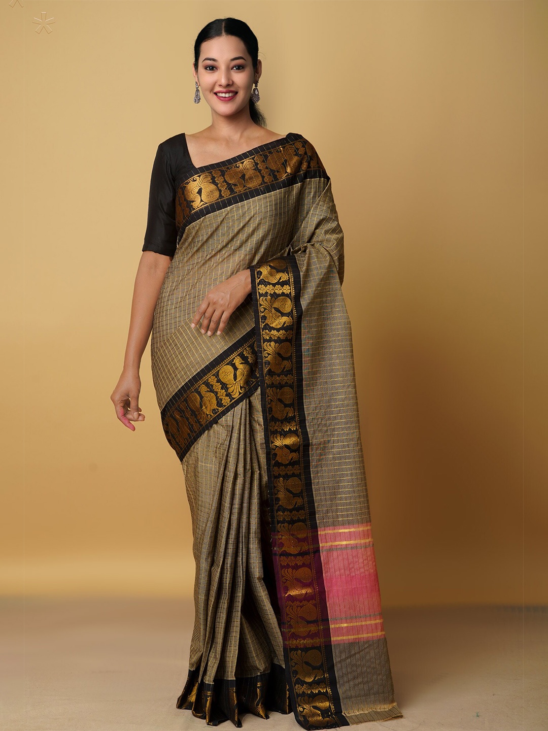 

Unnati Silks Grey & Red Woven Design Zari Pure Cotton Venkatgiri Saree