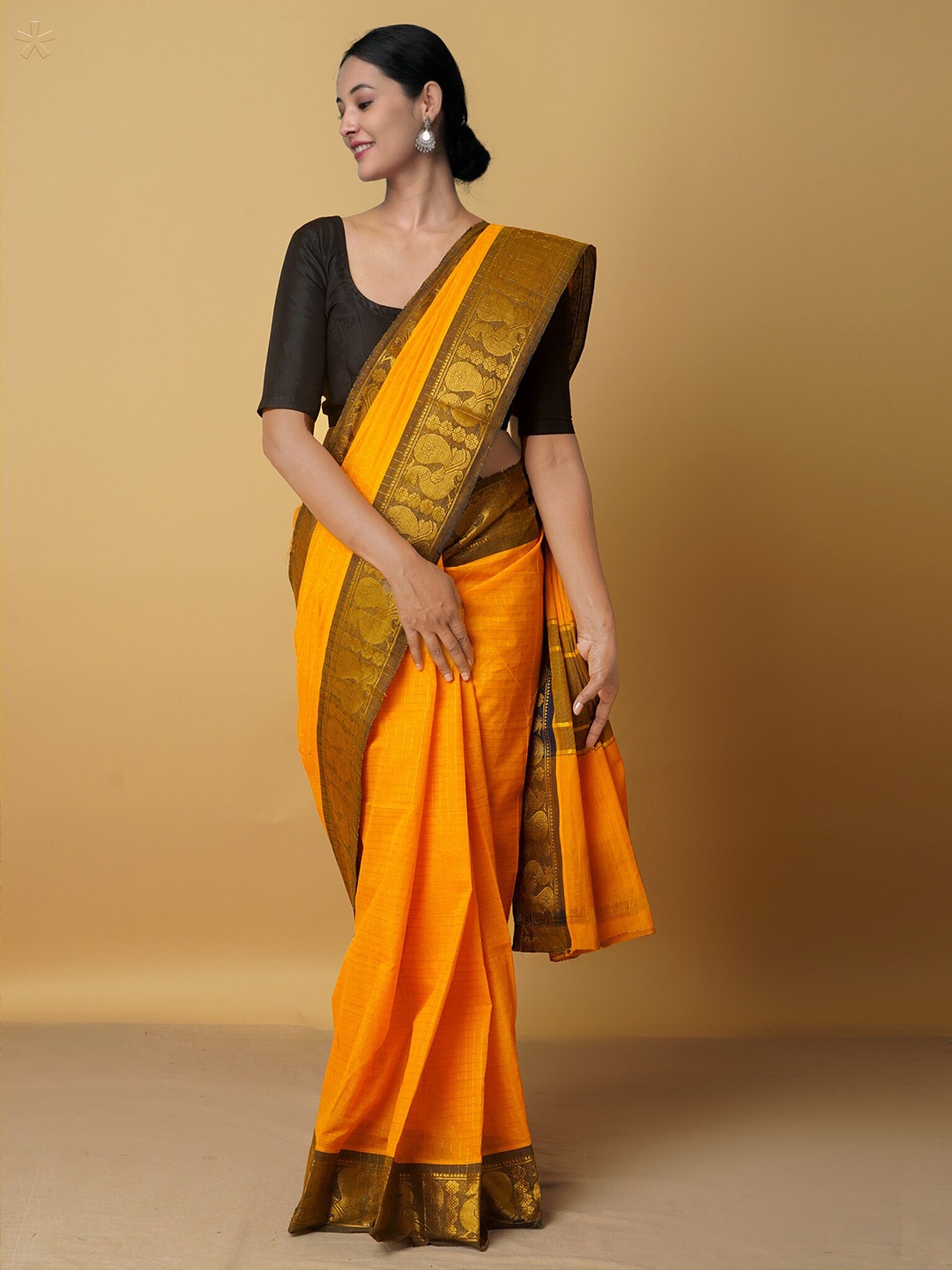 

Unnati Silks Orange & Brown Woven Design Zari Pure Cotton Saree