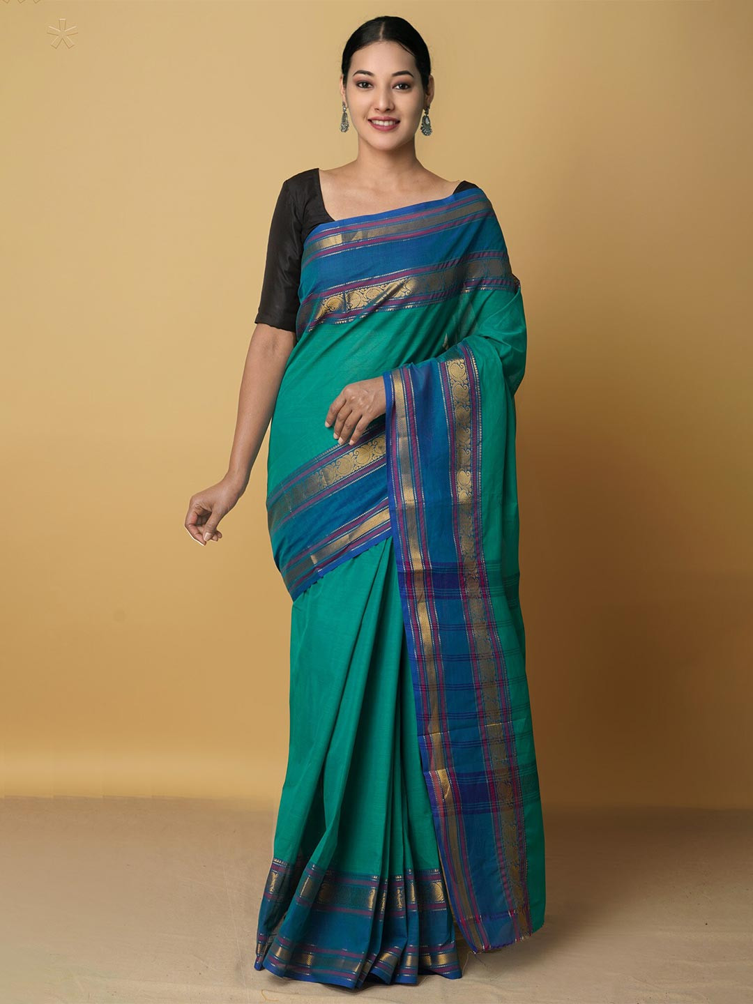 

Unnati Silks Green & Blue Zari Pure Cotton Chettinad Saree