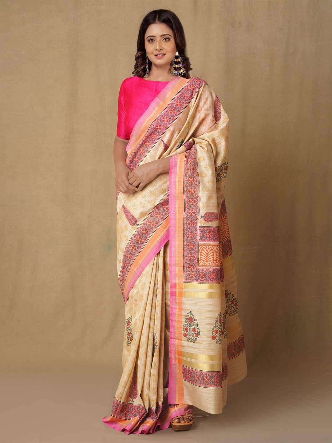 

Unnati Silks Brown & Pink Floral Silk Blend Tussar Saree