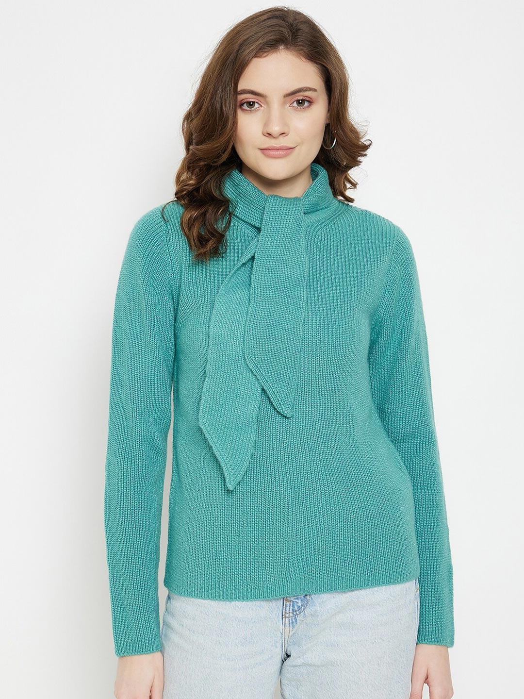 

Madame Women Blue Long Sleeves Tie Up Turtle Neck Pullover