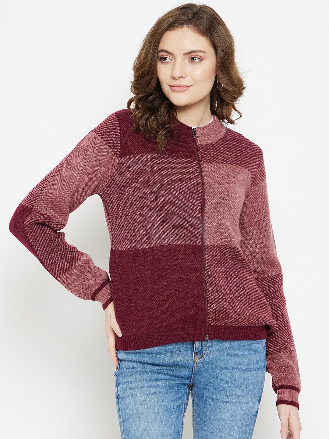 

Madame Women Maroon Checked Front-Open Sweater