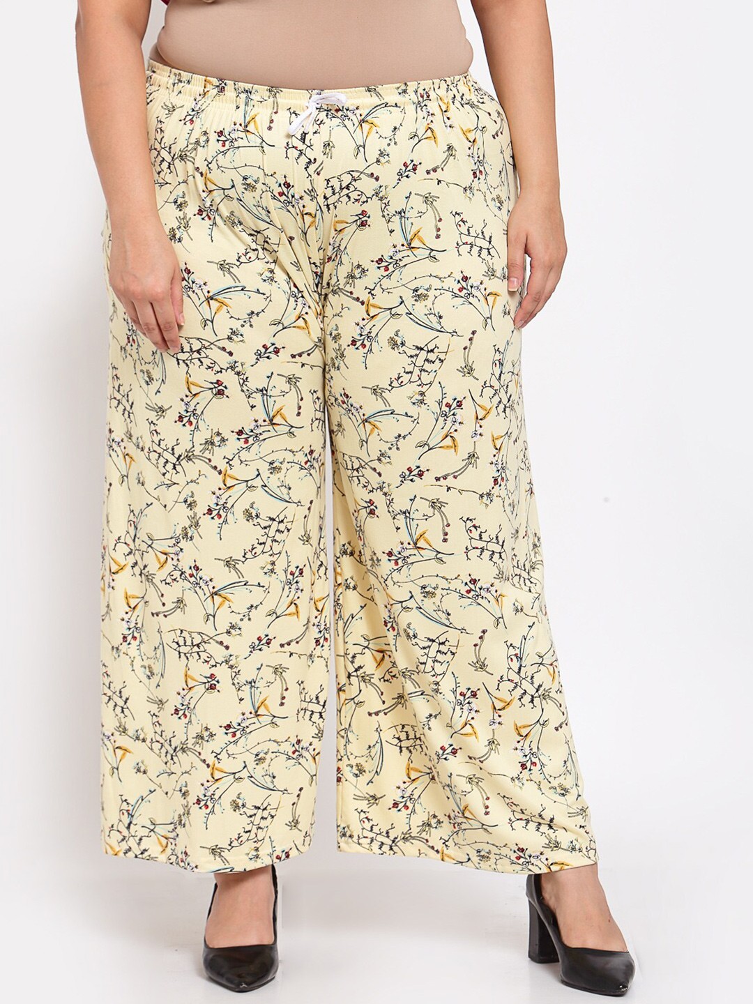 

KLOTTHE Plus Size Women Cream-Coloured & Yellow Floral Printed Palazzos