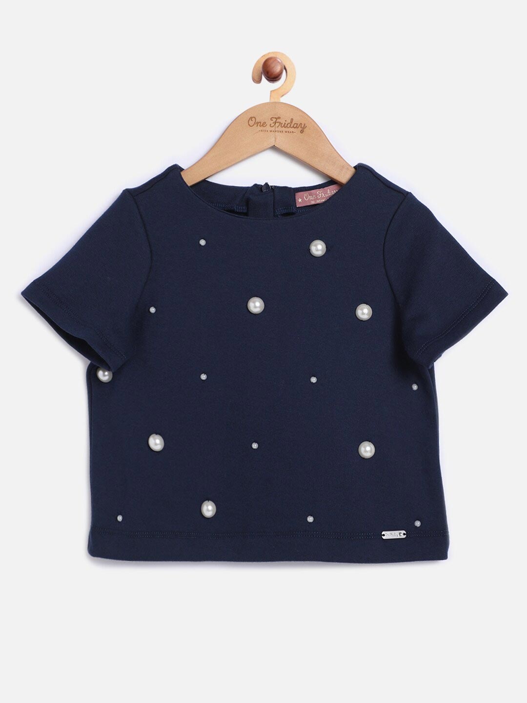 

One Friday Girls Navy Blue Embellished Boxy Top