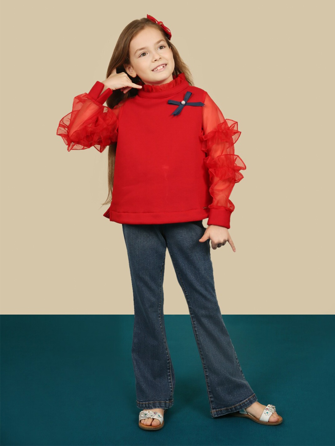 

One Friday Girls Red Solid Ruffles Sleeves Top