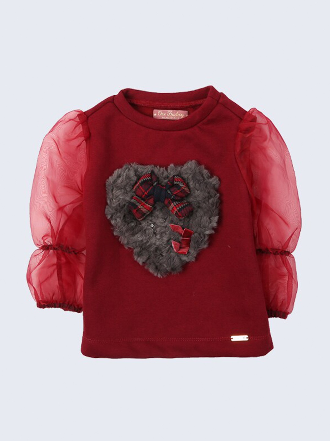 

One Friday Girls Burgundy Embellished Puff Sleeves Top
