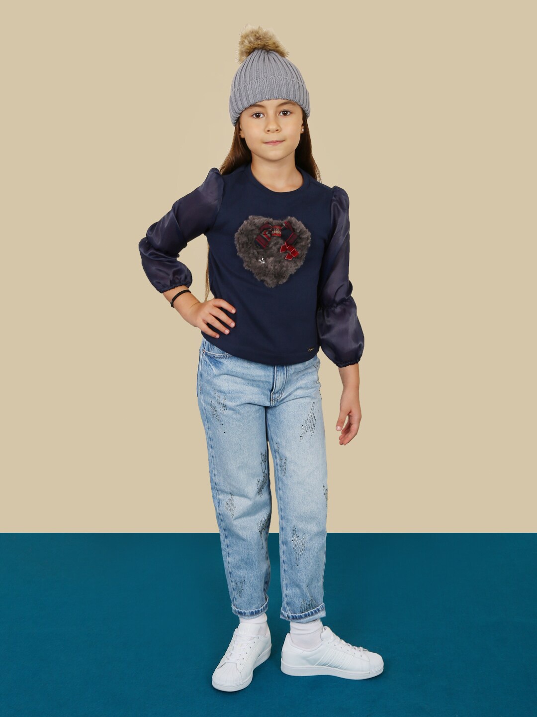 

One Friday Girls Navy Blue Self Design Top