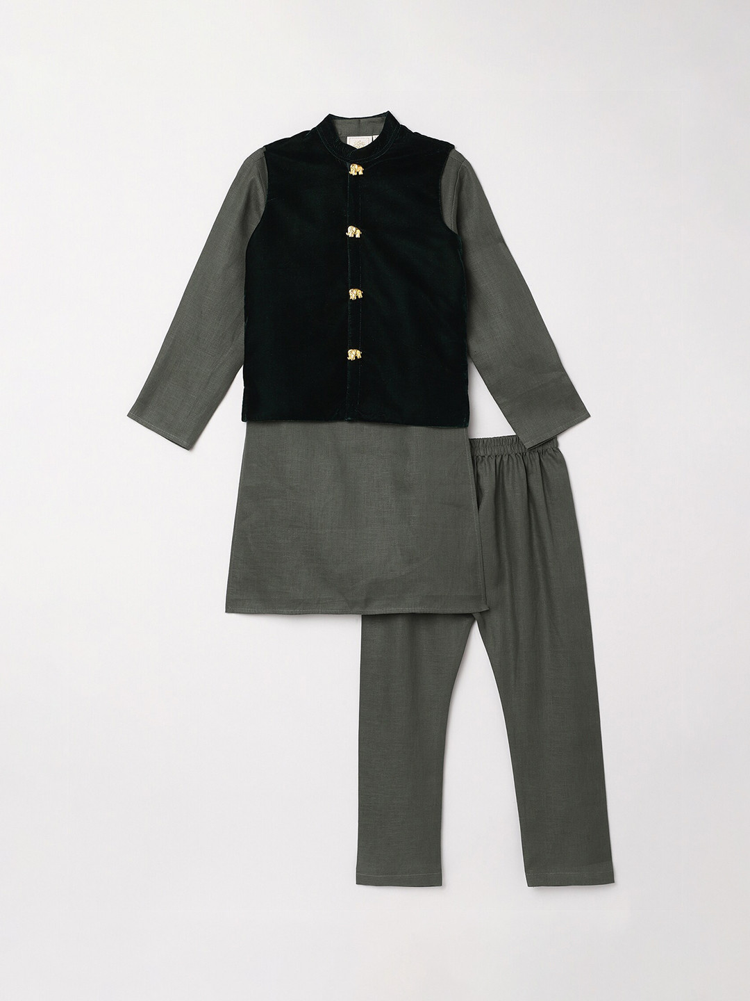

BYB PREMIUM Boys Olive Green Linen Kurta with Pyjamas & Nehru Jacket