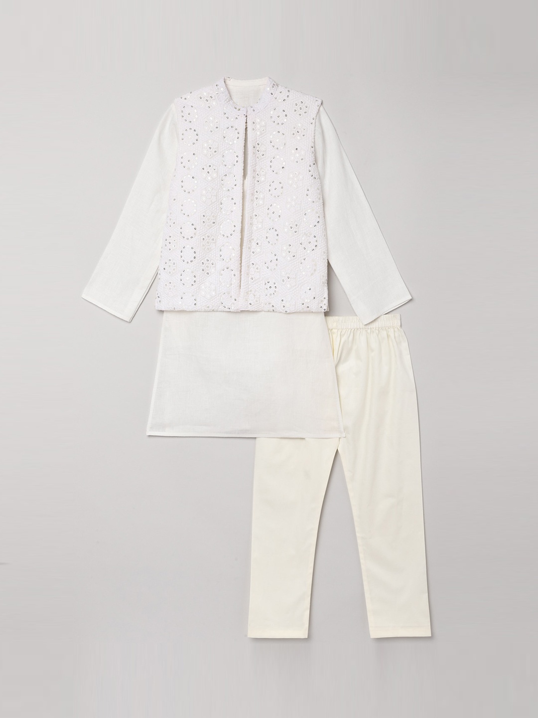 

BYB PREMIUM Boys White Layered Linen Kurti with Pyjamas & With Dupatta