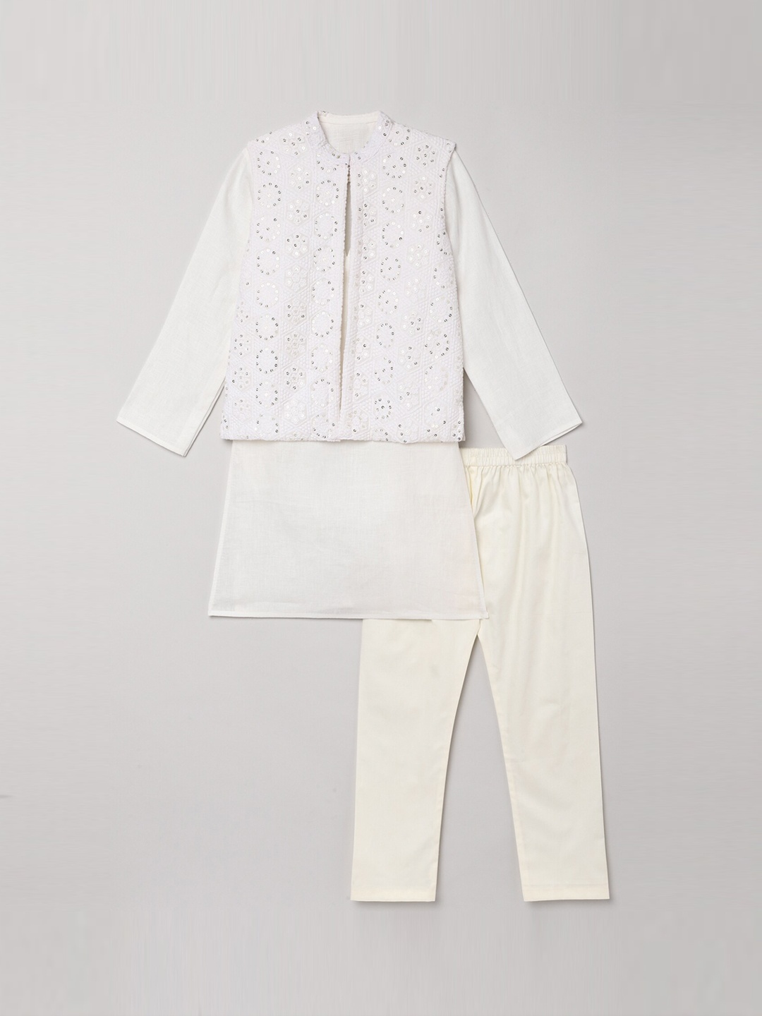 

BYB PREMIUM Boys White Linen Kurti with Pyjamas With Nehru Jacket