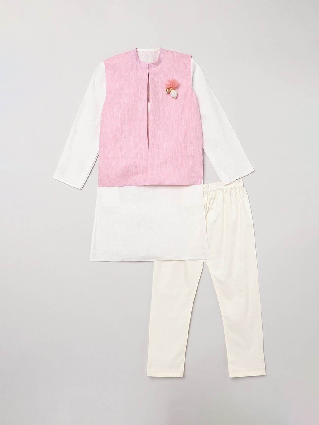 

BYB PREMIUM Boys White Solid Linen Kurti with Pyjamas & Nehru Jacket