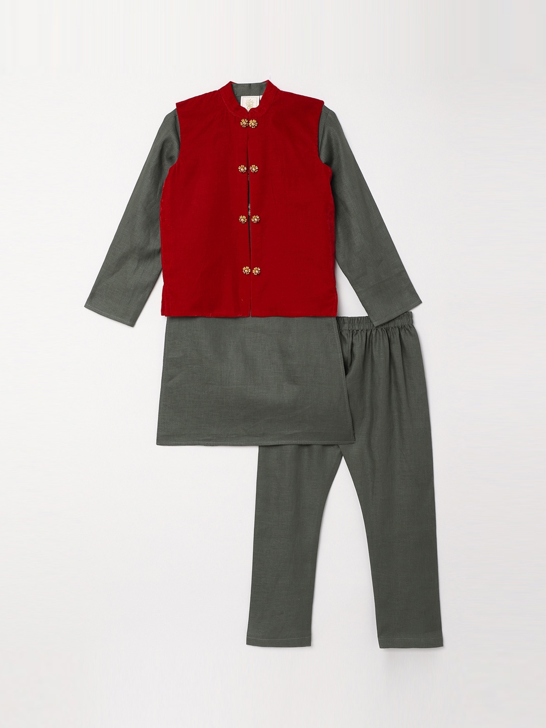 

BYB PREMIUM Boys Olive Green & Red Linen Kurta with Pyjamas With Nehru Jacket