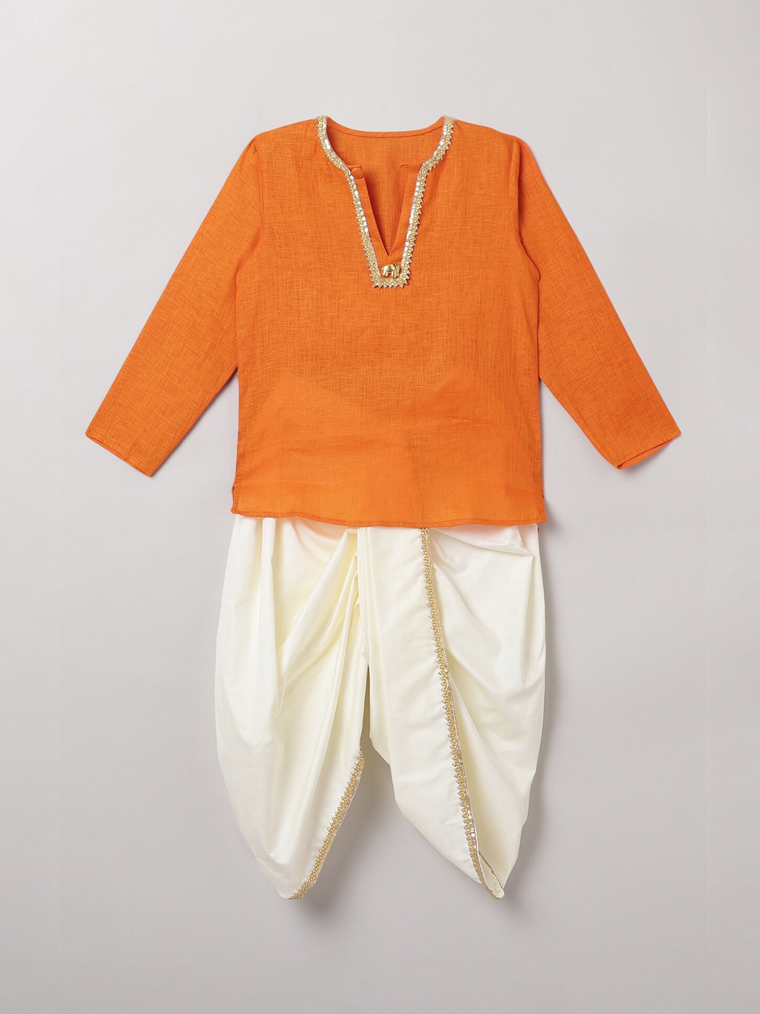 

BYB PREMIUM Boys Orange Linen Kurti with Dhoti Pants
