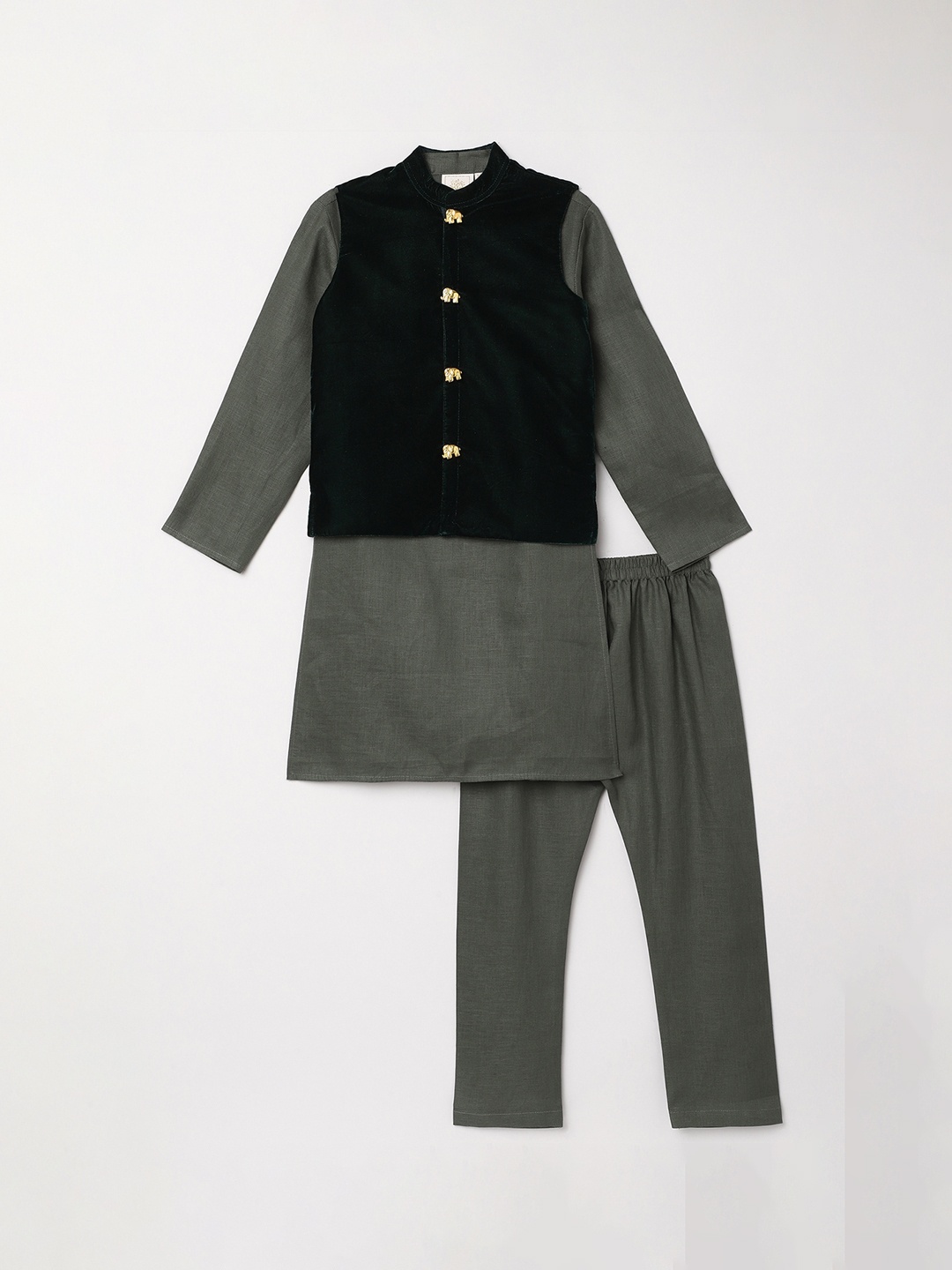 

BYB PREMIUM Boys Olive Green Solid Linen Kurta with Pyjamas & Nehru Jacket