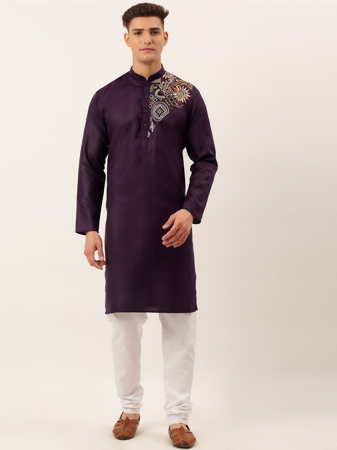 

Jompers Men Purple Chikankari Pure Cotton Kurta with Pyjamas
