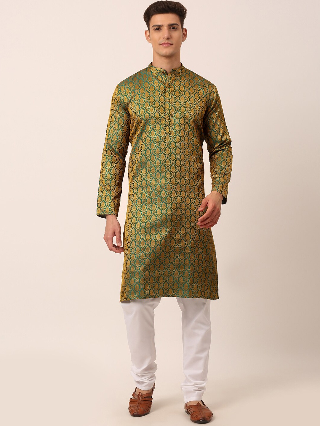 

Jompers Men Green & White Woven Design Kurta with Churidar