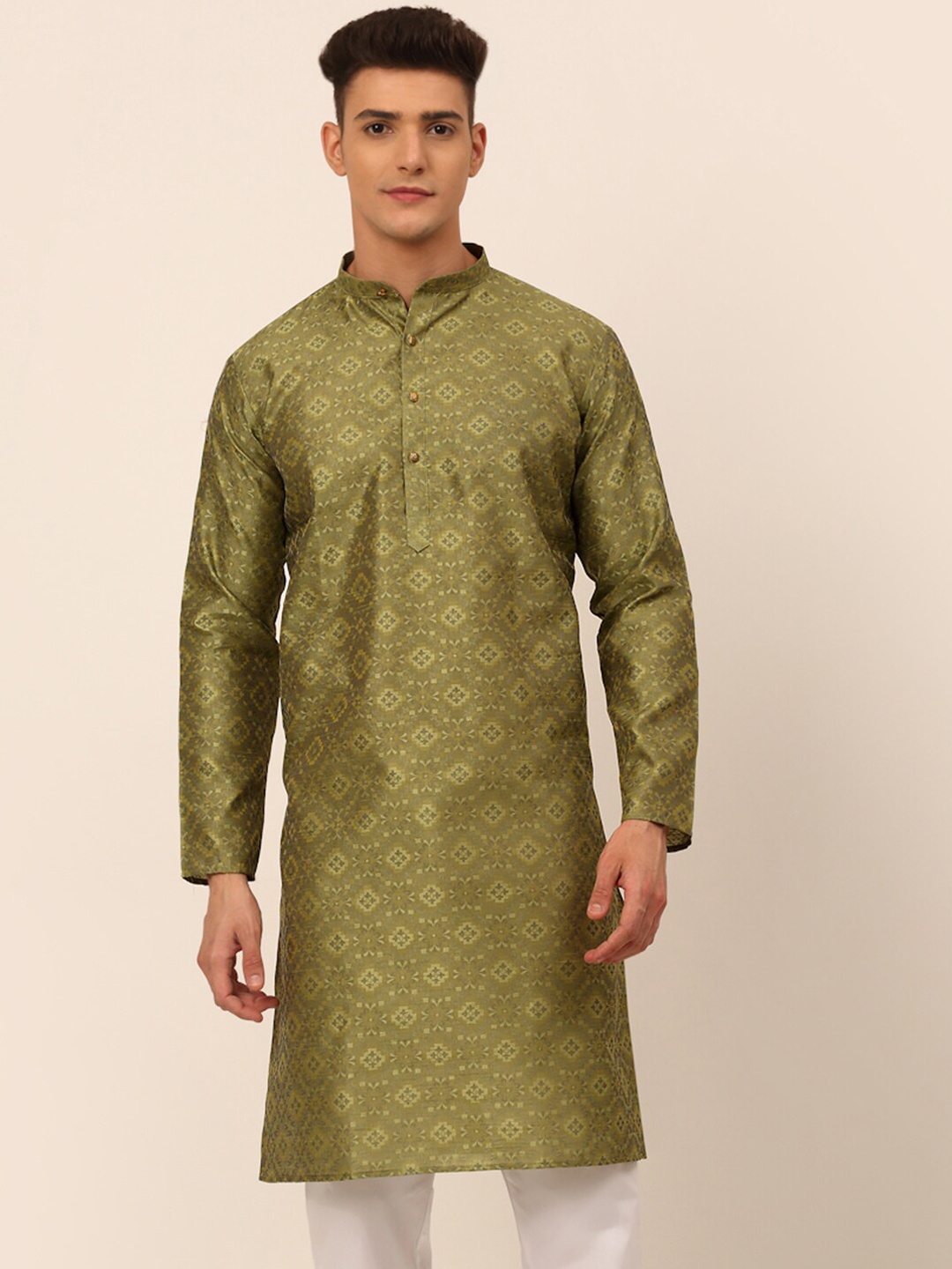 

Jompers Men Green Floral Jacquard Kurta