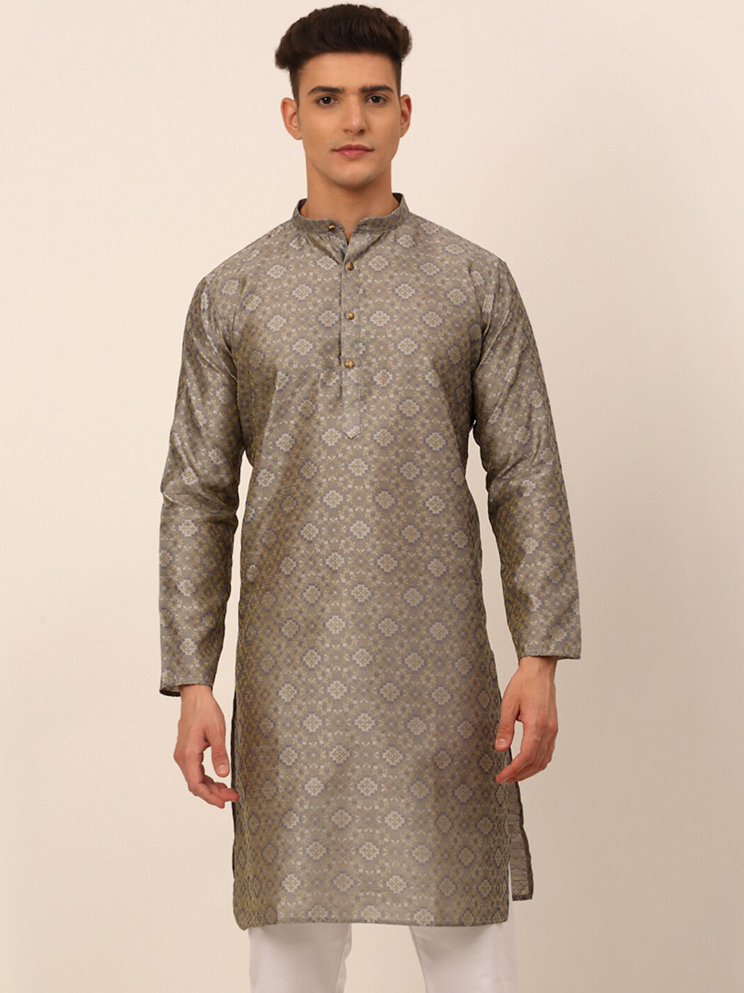 

Jompers Men Grey Geometric Jacquard Kurta
