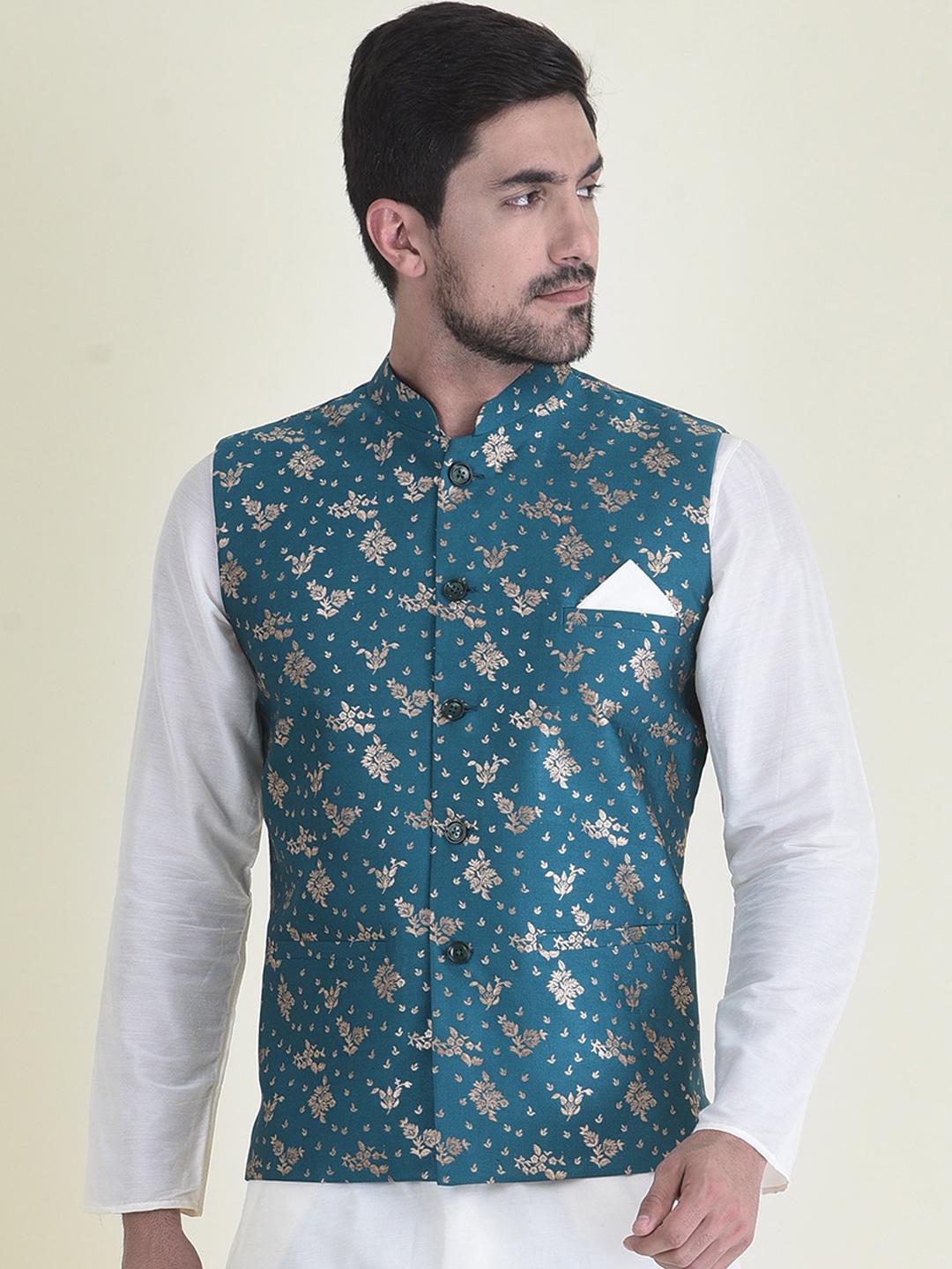 

DEYANN Men Blue Woven-Design Nehru Jackets
