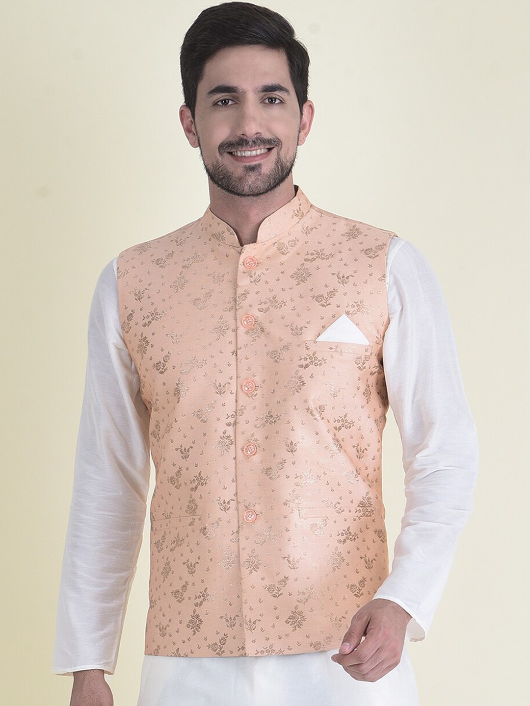 

DEYANN Men Peach Woven-Design Nehru Jackets
