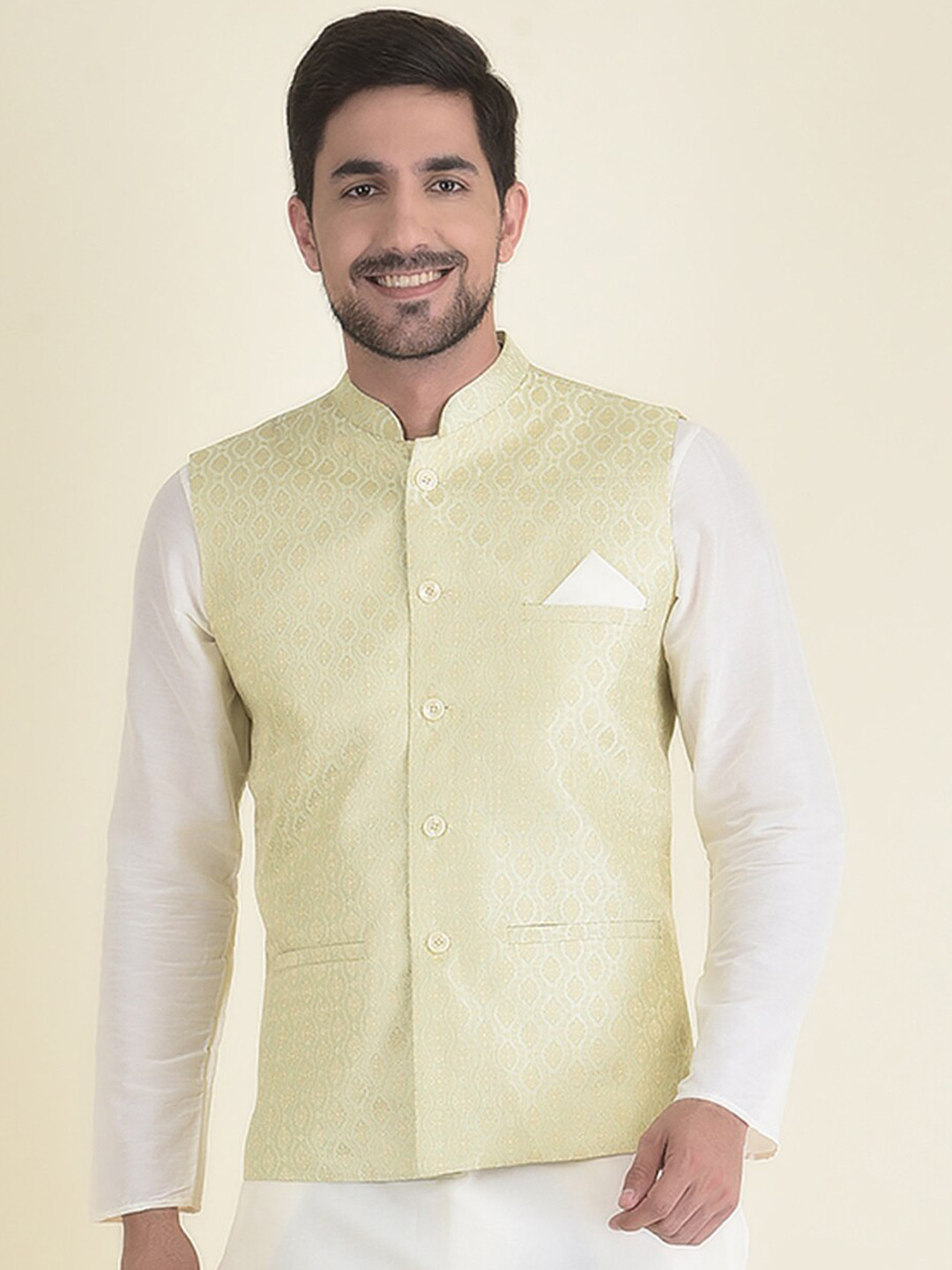 

DEYANN Men Green Woven Design Nehru Jacket