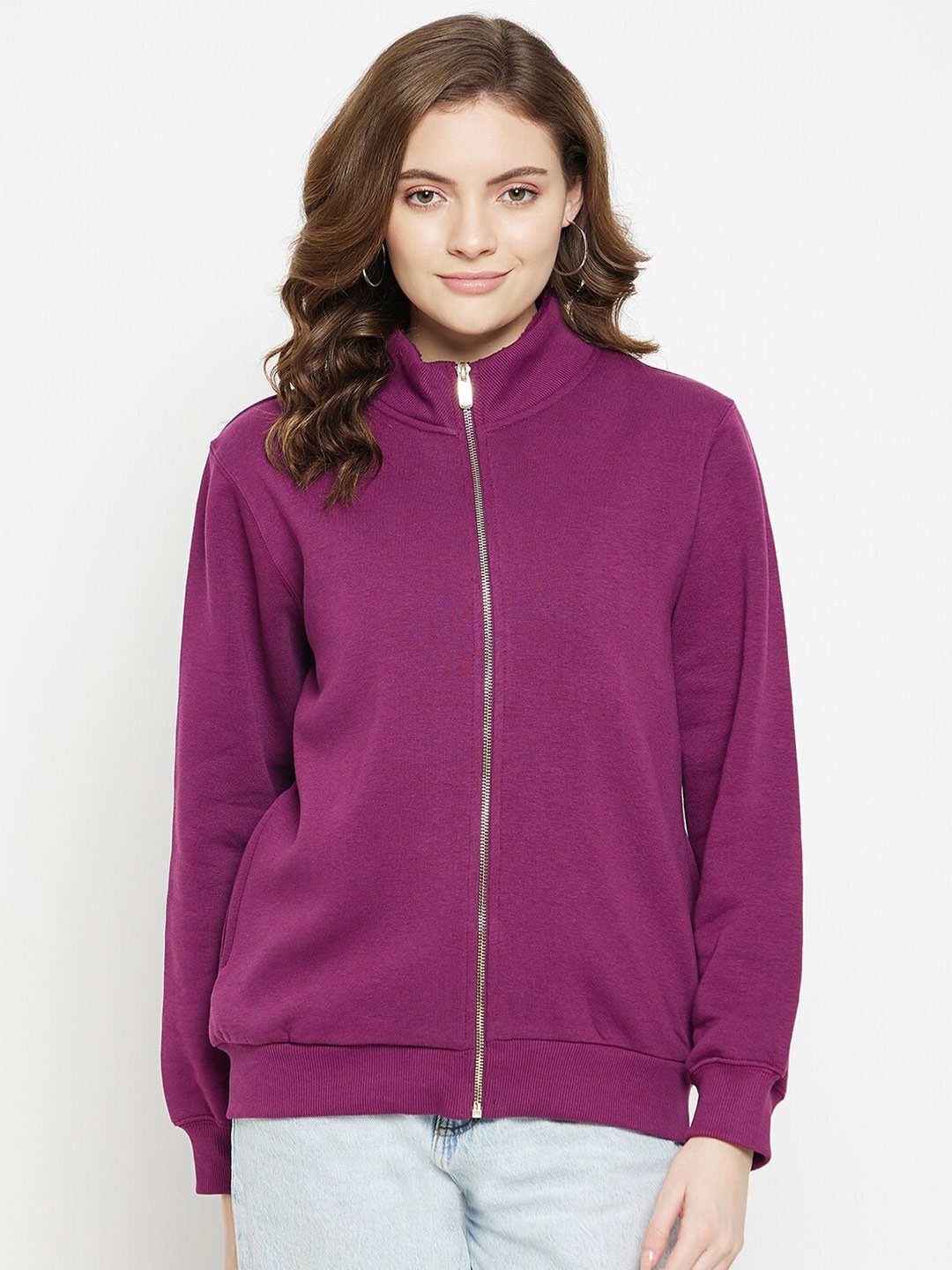 

Madame Women Purple Solid Mock Collar Sweatshirt