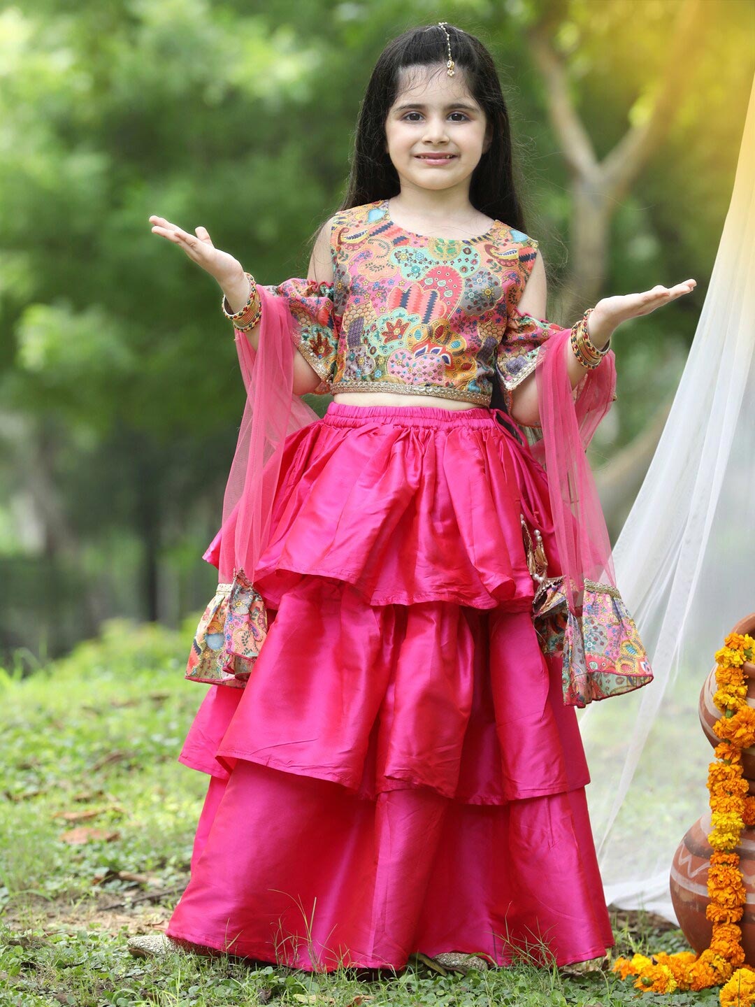 

Cutiekins Girls Pink & Blue Ready to Wear Lehenga & Blouse With Dupatta