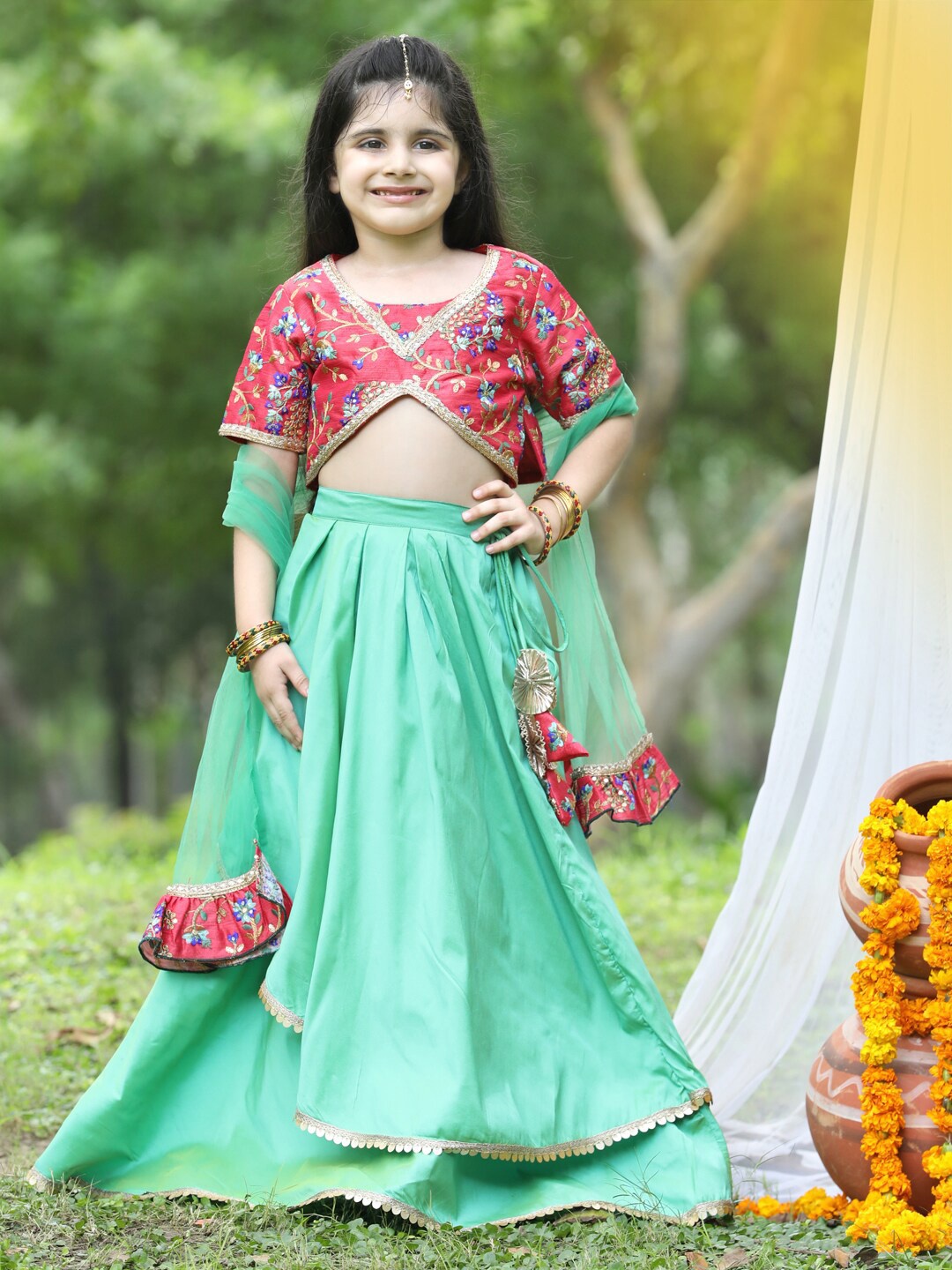 

Cutiekins Girls Red & Green Ready to Wear Lehenga & Blouse With Dupatta